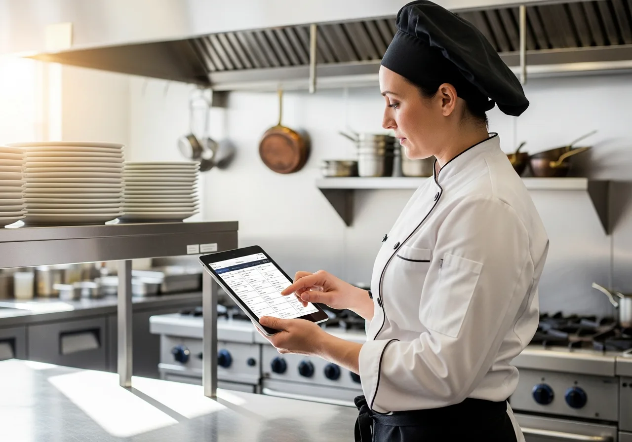 Restaurateur mettant à jour sa carte sur tablette dans sa cuisine