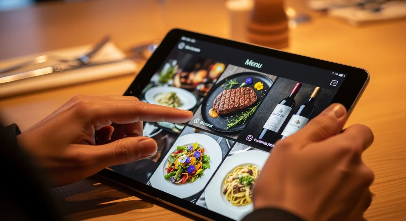 Client parcourant une carte digitale sur tablette avec suggestions de vins et photos de plats
