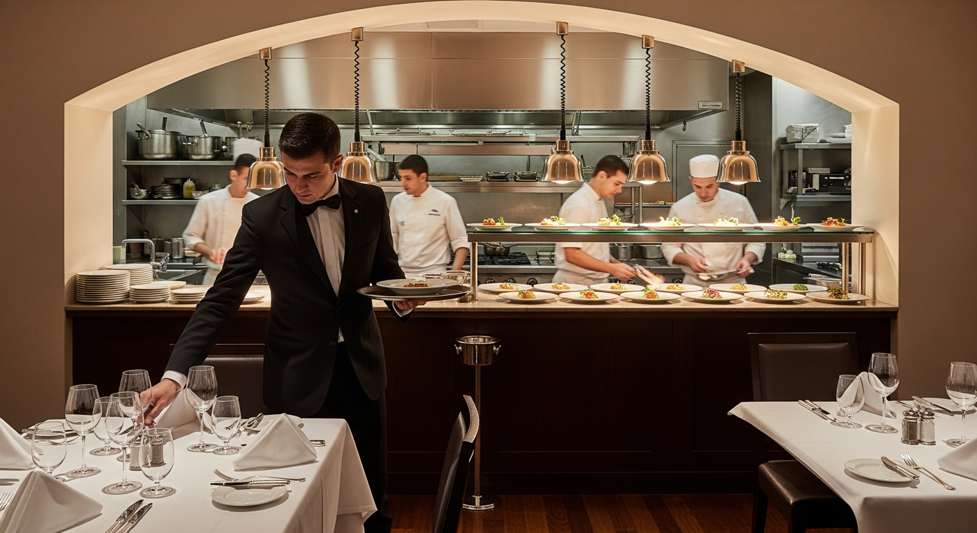 Restaurant professionnel avec équipe de salle et cuisine visible