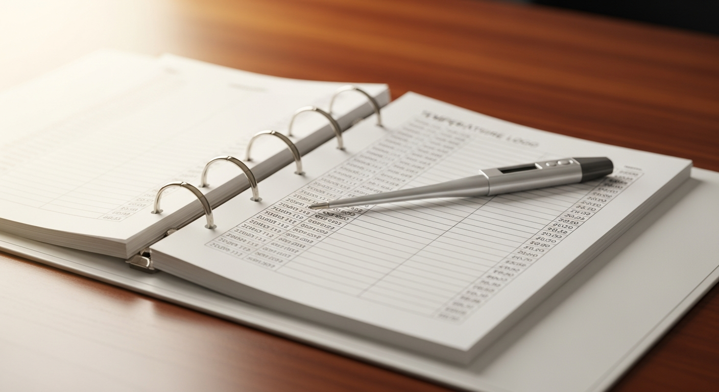 Classeur de documents HACCP avec relevés de températures sur bureau