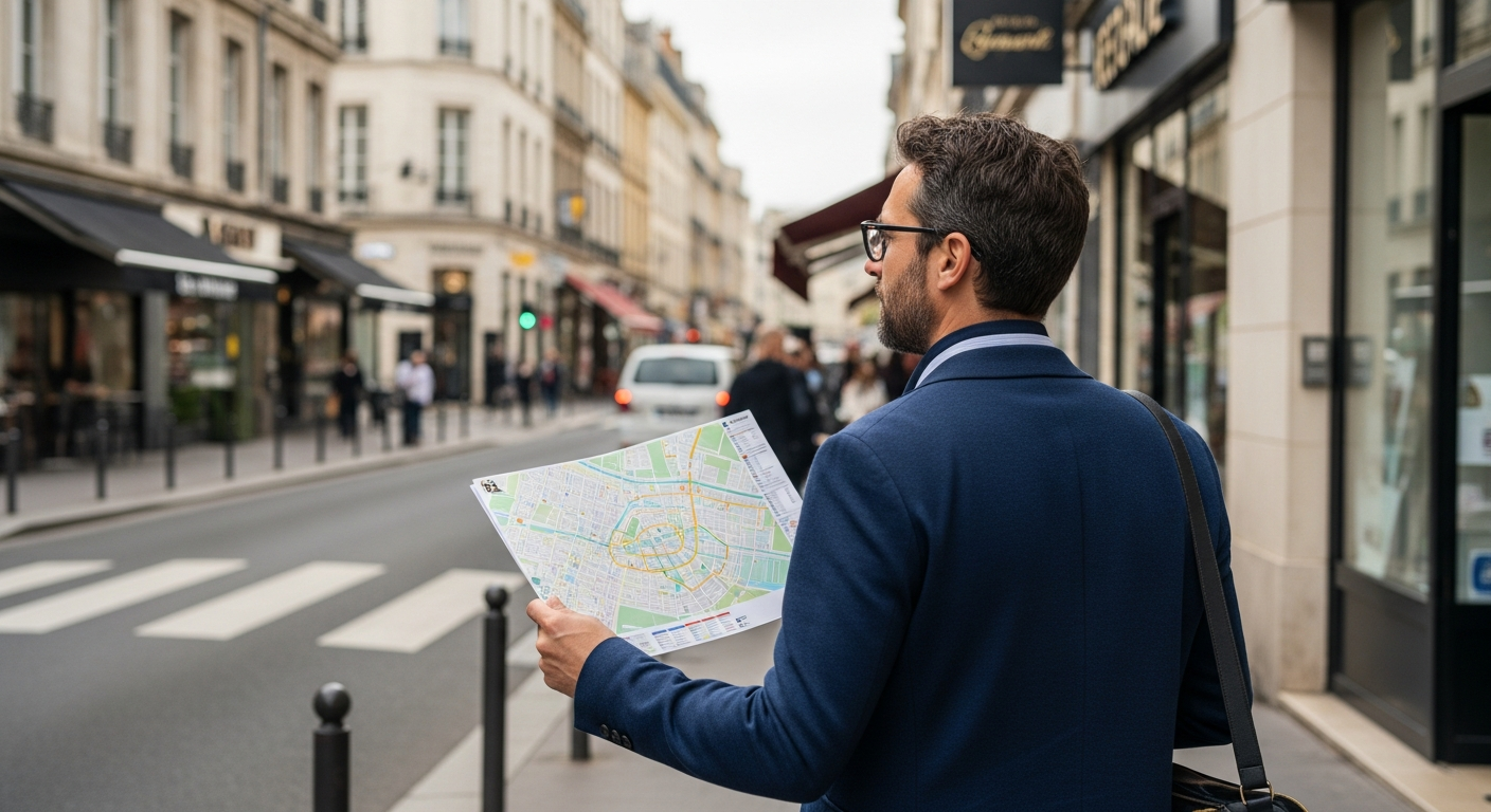 Restaurateur analysant un plan de ville pour choisir l'emplacement de son restaurant